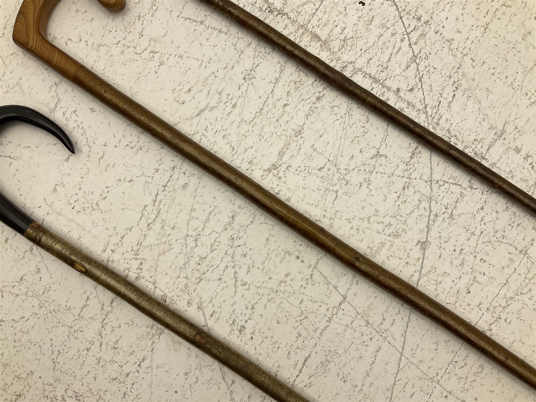 Two smooth polished ram horn handled Shepherd's crooks and a further similar example, together with various shooting sticks, walking sticks and canes, housed in a volcanic lava glaze West German style vase