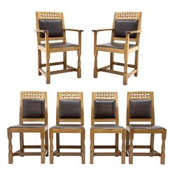 'Lizardman' set six dining chairs, two carvers and four side chairs, carved and pierced lattice top rail over cushioned back and drop in seat upholstered in brown leather, by Derek Slater of Crayke