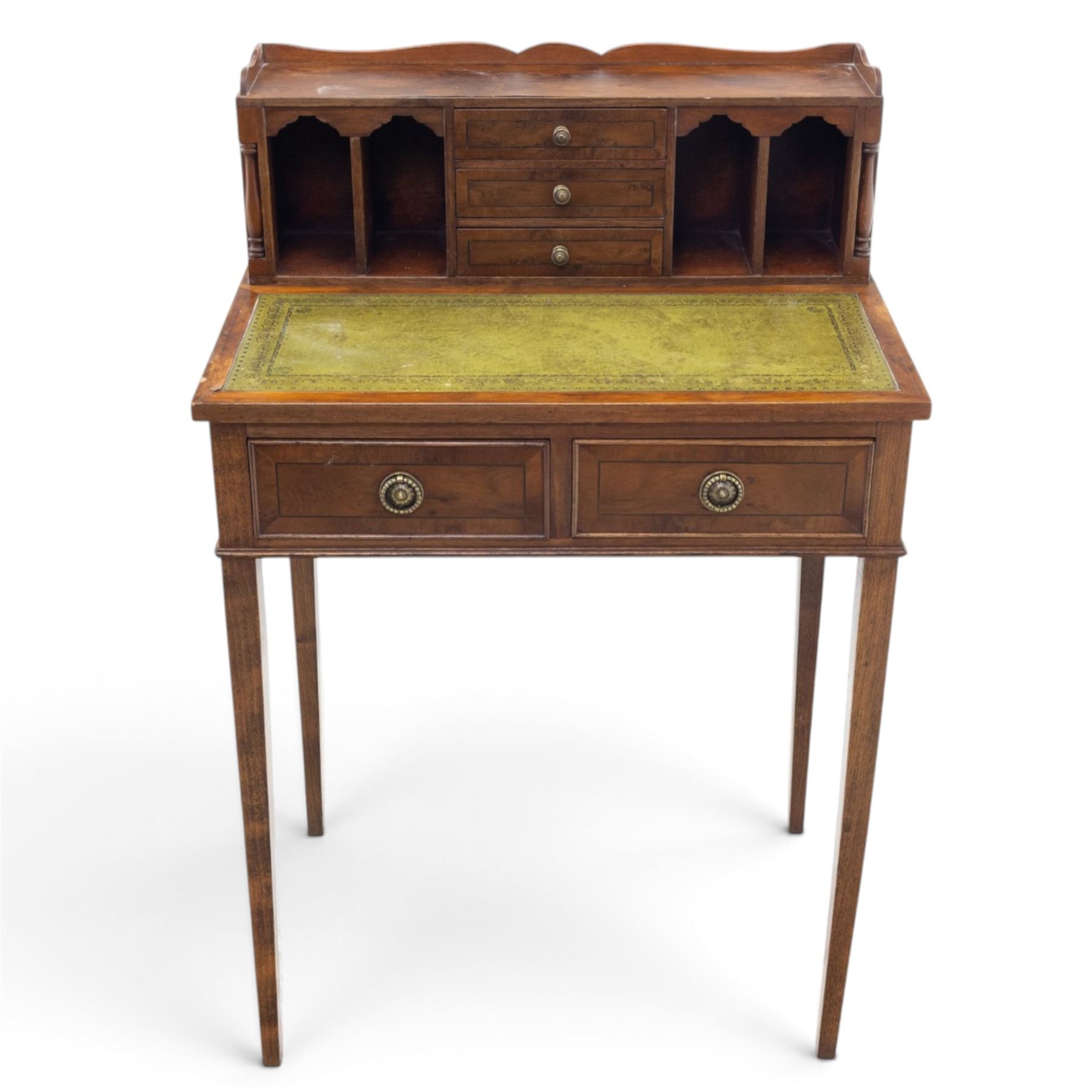 Small Edwardian writing desk, with raised back with three fitted drawers and pigeon holes, above a green tooled leather writing surface, two short drawers with brass ring pulls, square tapering supports