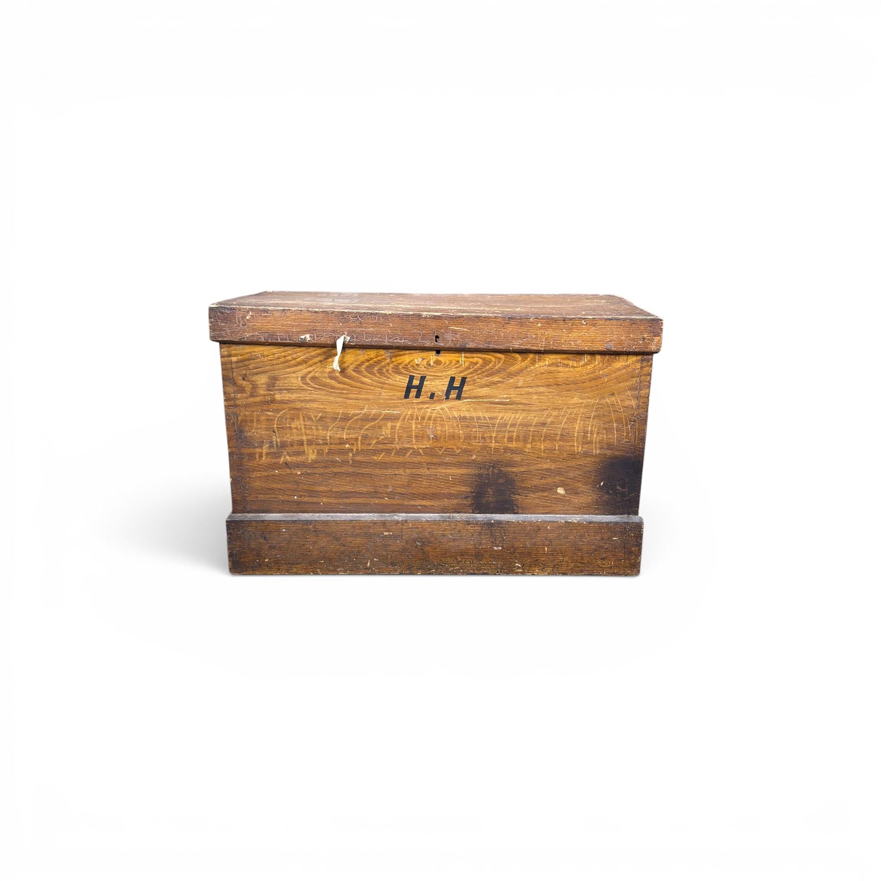 Victorian stained pine carpenters toolbox and contents, fitted interior with saws, planes, chisels etc