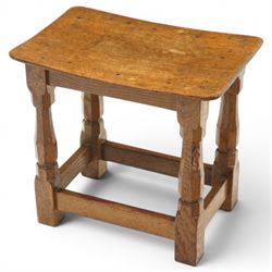 Mouseman - mid-20th century adzed oak joint stool, dished oak seat, on shaped octagonal su...
