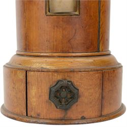 Victorian oak Country House domestic post box, of cylindrical form with hexagonal moulded domed top above a rectangular posting aperture detailed 'LETTERS', and hinged door with glazed aperture for posting times, upon a circular plinth with pull our drawer and canted drop handle, overall H43cm