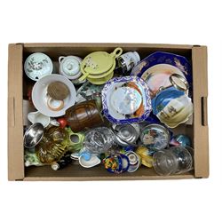 Four glass snuff bottles, together with assorted ceramics, including Carlton Ware cruet set,  in the form of a lady wearing a crinoline dress, Adams Calyx ware Singapore bird covered sucrier, etc  