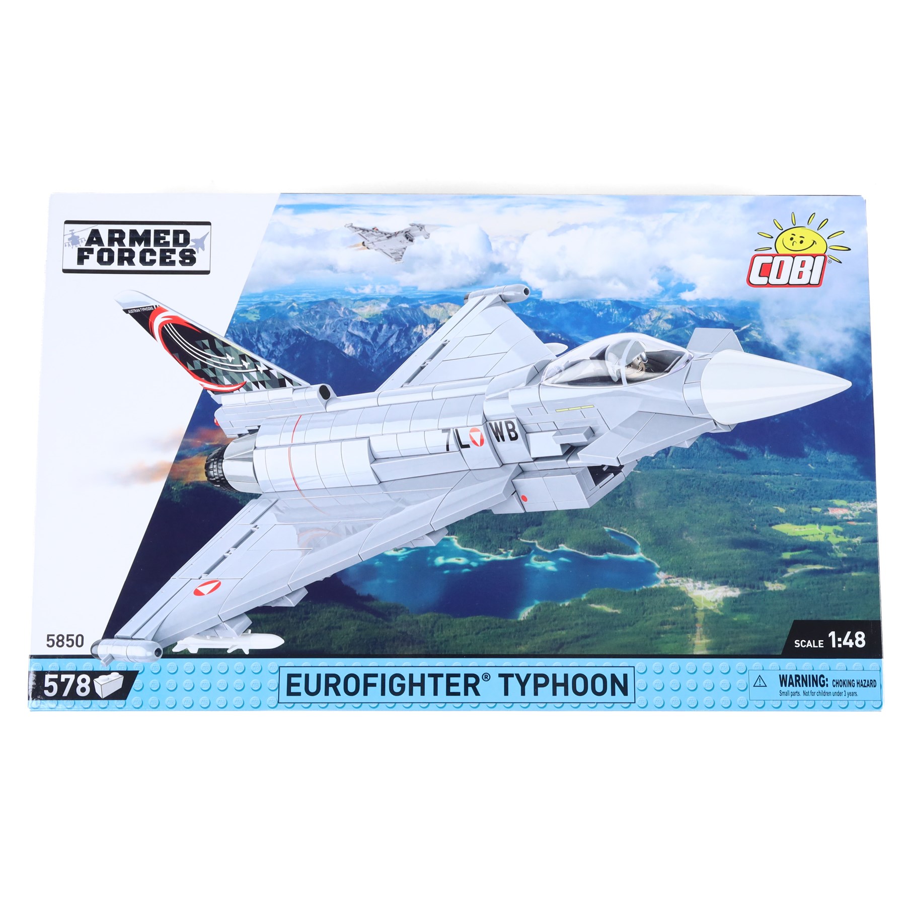 Four Cobi Bricks 1:48 scale Armed Forces model aircraft sets, comprising no. 5850 Eurofighter Typhoon, no. 5892 F-16 YF-16 First Flight 1974, no. 5841 Alpha Jet Patrouille De France and no. 5844 BAe Hawk T1 'Red Arrows', all in sealed boxes