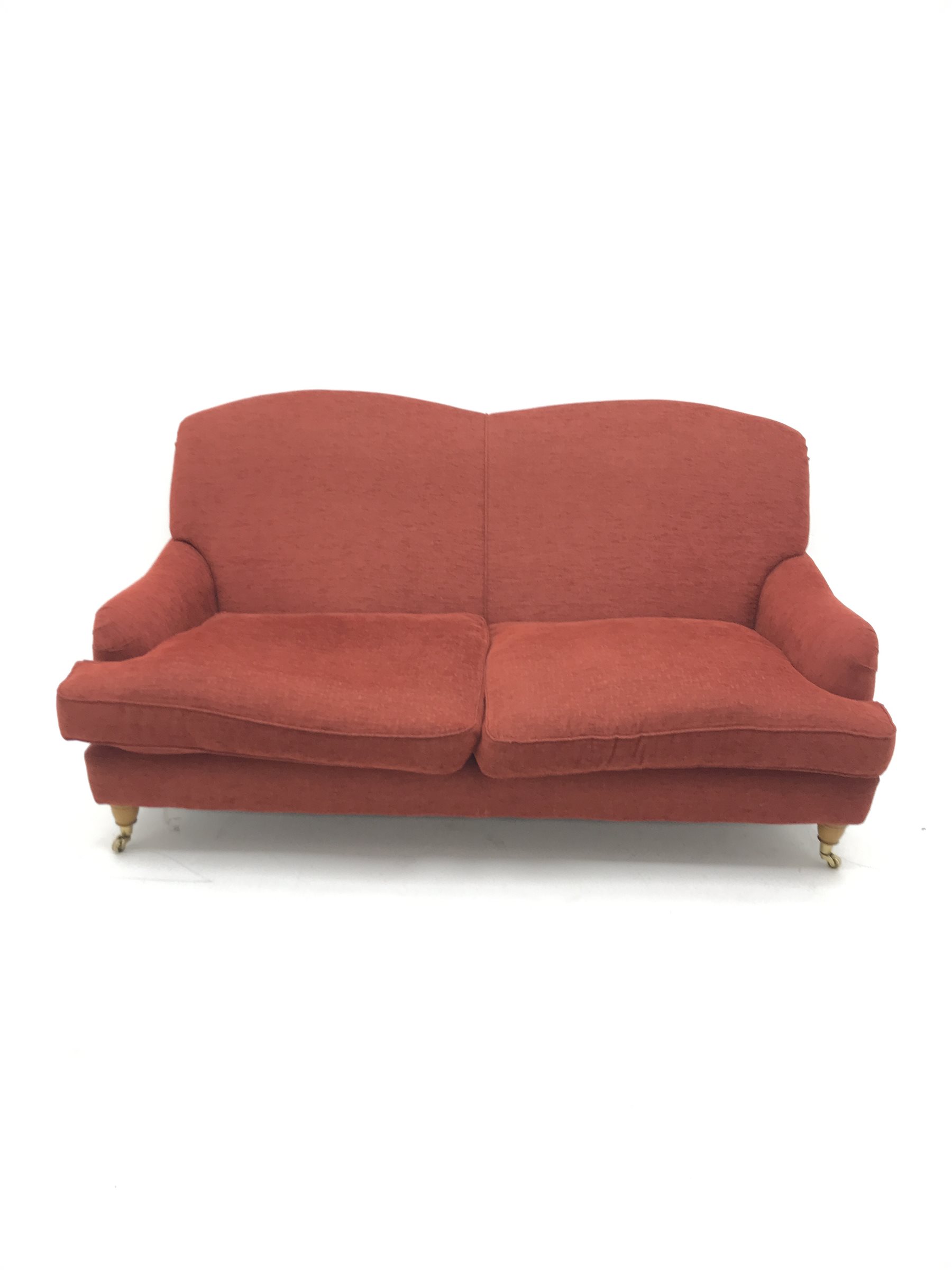 Laura Ashley Twickenham three seat sofa upholstered in a red fabric, turned supports (W188cm) and matching two seater (W160cm)