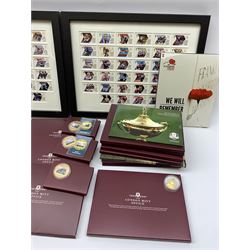 Two framed displays of London 2012 stamps,  'The 2014 Ryder Cup Commemorative Banknote' and various The London Mint Office commemorative coins and empty display folders