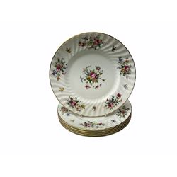 Minton Marlow pattern part dinnerware, comprising oval serving platter, six dinner plates, six sides plates, six tea plates, gravy boat and stand, six cups and saucers.  