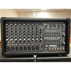 Peavey XR-696F 1200W Amplifier, serial no.K0241228, L47cm; with two Peavey UL bass bins L56cm and two Peavey top speakers L45cm with connecting rods; all with covers; and quantity of heavy duty cables, two microphone cables and microphone stand