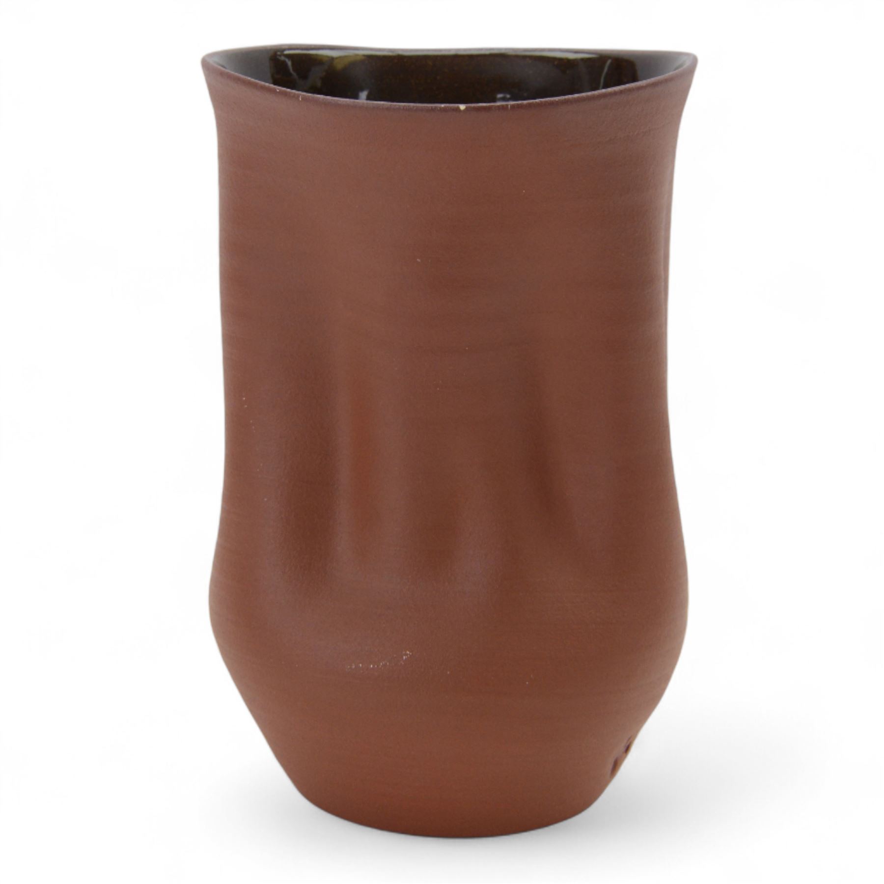 Nicholas Arroyave Portela (c1972-): earthenware vase with ribbed and crumpled surface covered in terracotta glaze to the exterior and brown glaze to the interior, impressed NAP mark, H22cm
