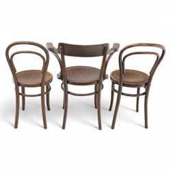 Set of three bentwood café chairs in the manner of Thonet, including a pair of side chairs (W 37cm, D 45cm, H 86cm) and a matching armchair (W 70cm, D 46cm, H 81cm), each with pressed seat decoration and continuous loop backrest