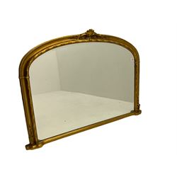 Gilt framed over-mantle mirror, bevelled plate, carved pediment