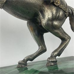 Modern silver model of a rearing horse, with ornate parcel gilt saddle and bridle, mounted upon a rectangular base, decorated with malachite panels to each side and upon four gilt bun feet, horse stamped 925, overall H14.5cm
