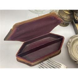 Saint Hilaire duck bottle opener, five silver plated knives/forks with silver ferrules, copper trinket box, silver plated concertina beaded bag and other collectables