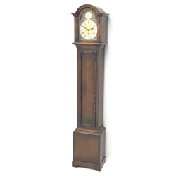  Early 20th century oak Grandmother clock with arched brass dial, triple train movement chiming the quarters on rods, H166cm  