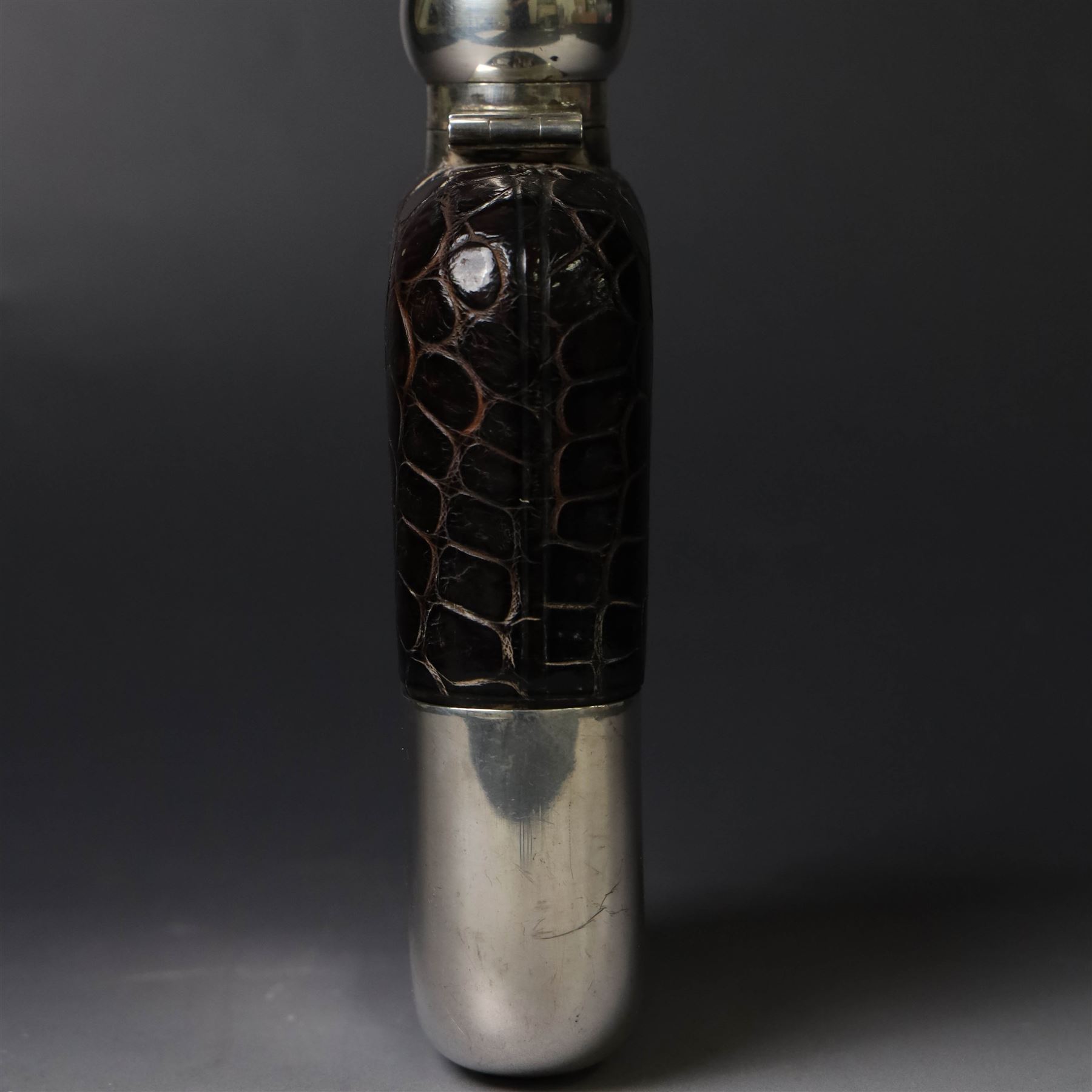 Early 20th century silver and leather mounted glass hip flask, with silver cover and removable silver cup engraved with name and date, hallmarked James Dixon & Sons Ltd, Sheffield 1919, H15cm