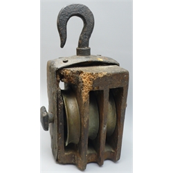  18th century oak ships treble Pulley Block, with brass sheaves, iron strapwork and hook, H34cm  