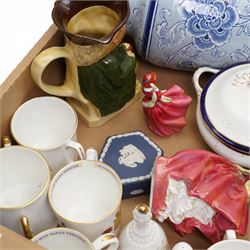 Four Royal Doulton figures, toby jug, Wedgwood trinket dish, hors d'oeuvres platter, etc