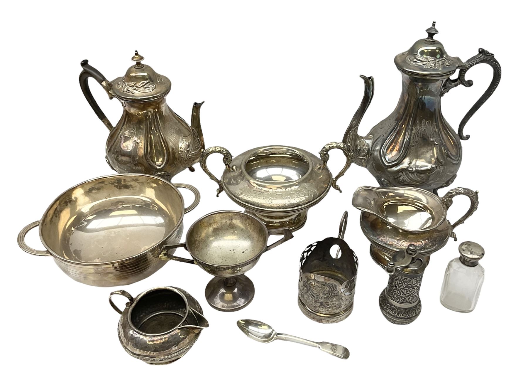 Twin handled silver plated bowl retailed by Harrods, together with two 19th century coffee pots, pewter milk jug and other metalware   
