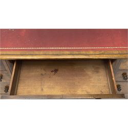 Victorian figured walnut kneehole desk, moulded rectangular top with inset leather writing surface, fitted with nine drawers, the central frieze drawer with carved curled foliage mount, on moulded plinth base,