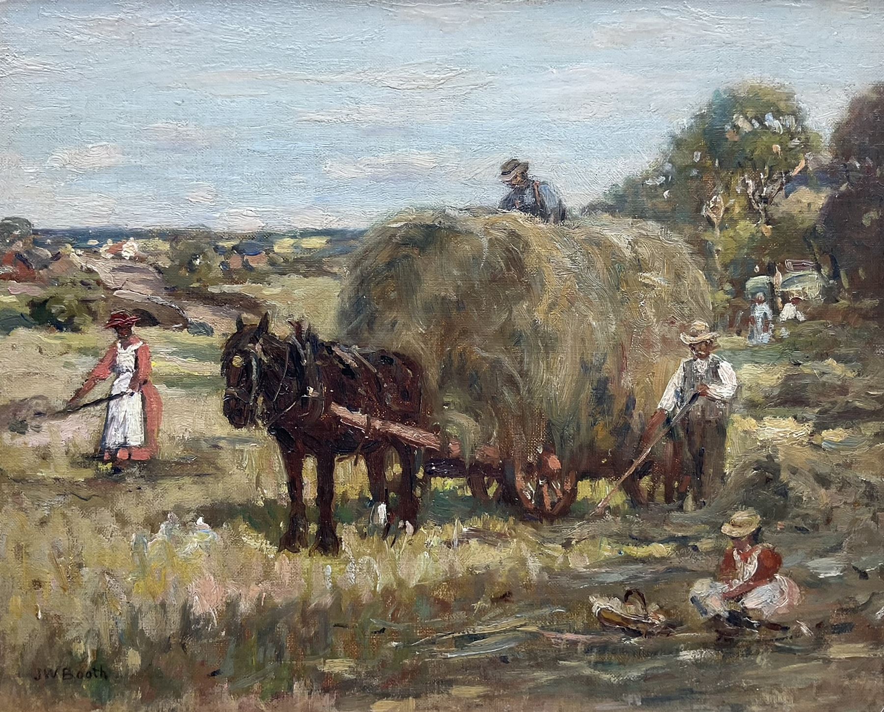 James William Booth (Staithes Group 1867-1953): Harvest Time with Children in the Field, oil on canvas laid on panel signed 30cm x 37cm 
Provenance: exh. Phillips & Sons, The Dower House, Cookham, March '87, label verso