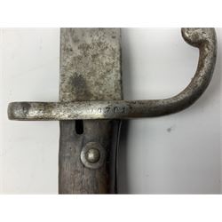 German-made 1908 pattern bayonet by Weyersberg, Kirschbaum & Co, Solingen as used by the Brazilian Army, with 30cm fullered steel blade and hooked quillon numbered 107011 L43cm overall; and Swedish Carl Gustav M1896 Mauser knife bayonet with 21cm steel blade and machined steel grip; in metal scabbard, both numbered 299 L35cm overall (2)