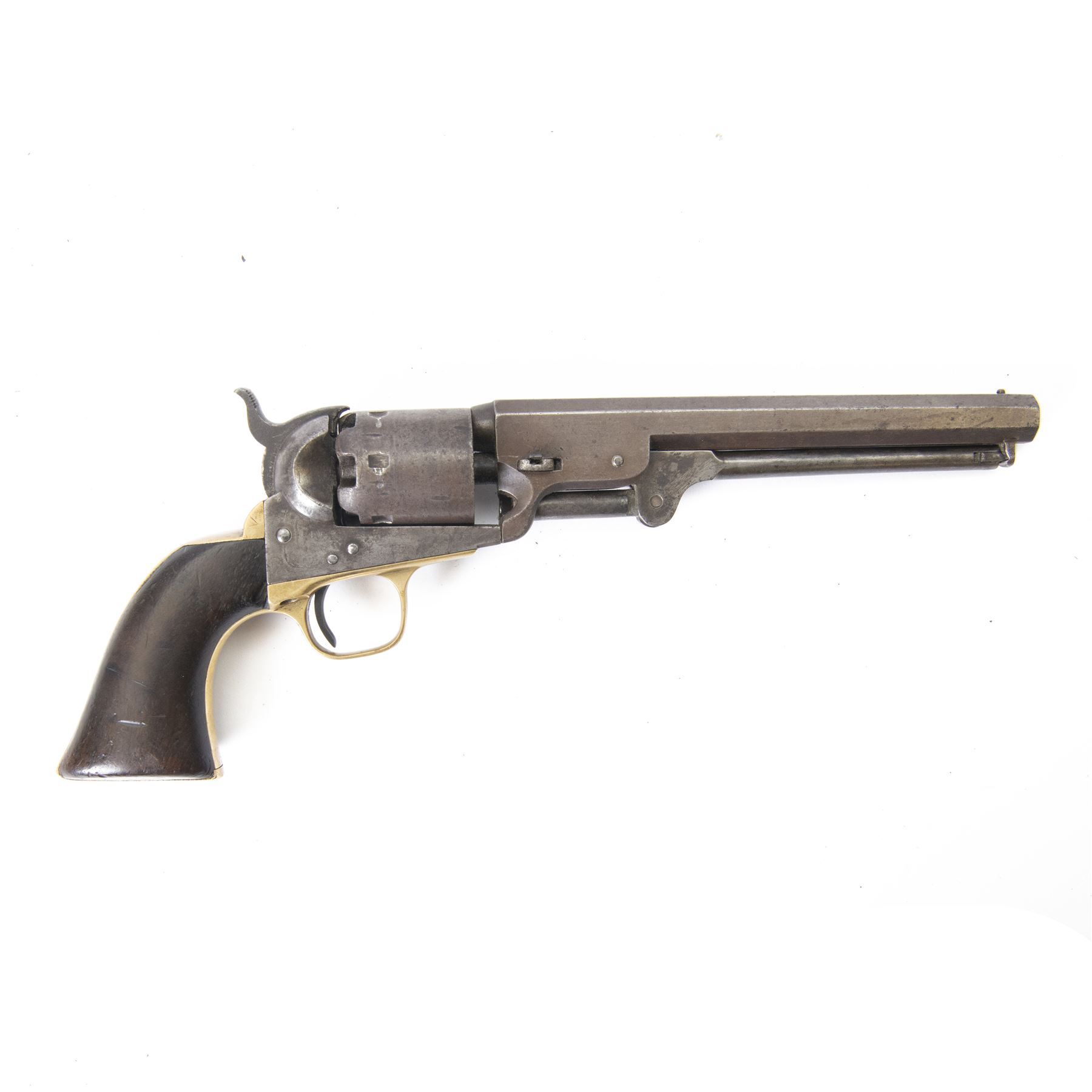 Colt .36 navy percussion revolver, with octagonal 7 1/2in. barrel top flat marked Address Col Samd Colt New York US America, frame stamped `Colts Patent' matching serial numbers, 112625, iron frame marked Colts Patent, brass grip-straps and trigger guard, smooth flared walnut grip, overall L33cm