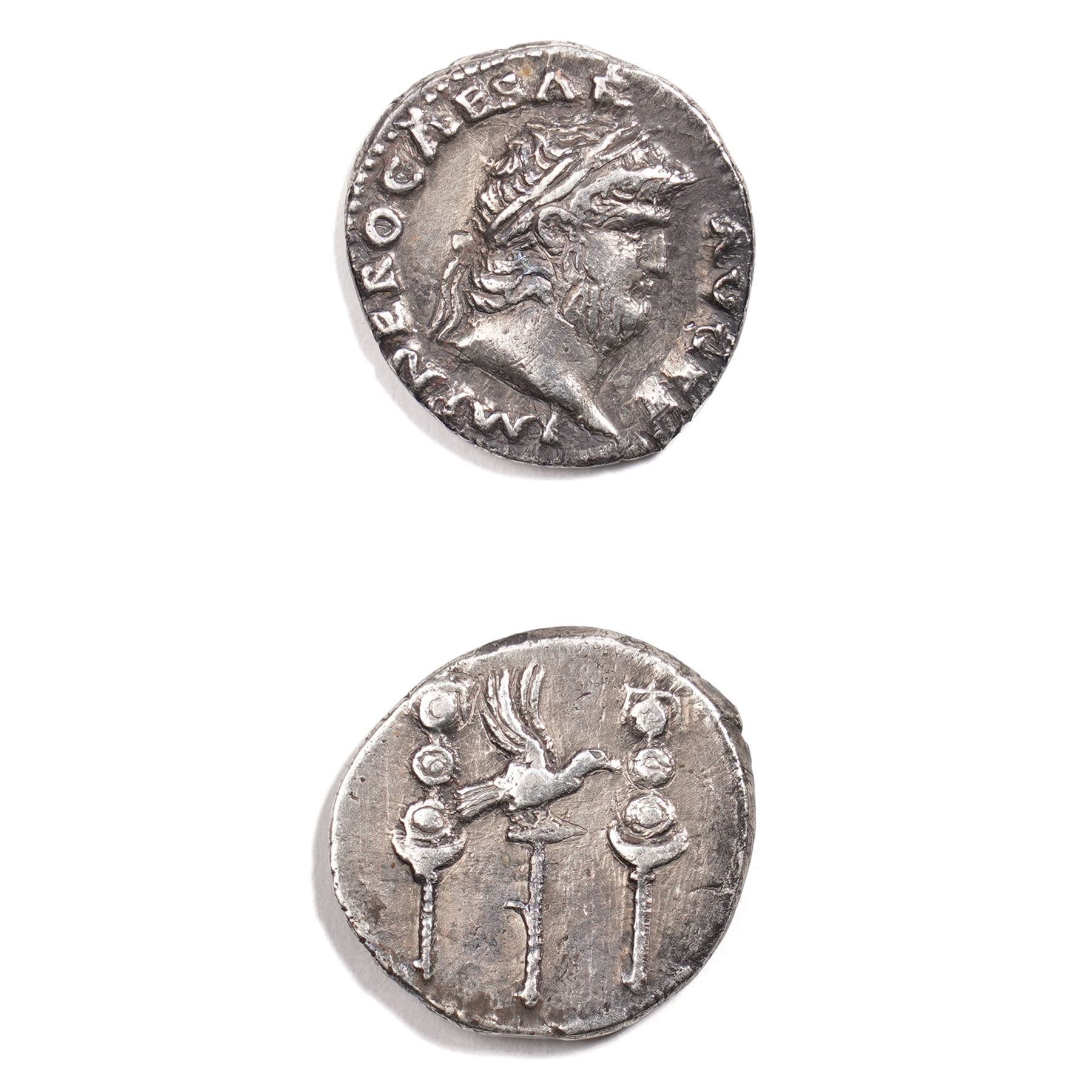 Roman Empire - Nero (AD 54-68): Silver Denarius coin, obverse laureate head of Nero right, reverse Aquila (legionary eagle) between two standards, IMP NERO CAESAR AVG P P; c.AD 67-68, Rome mint