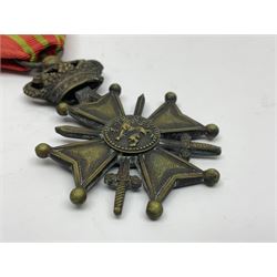 WWI French 1914-1916 Croix de Guerre with MID leaf and ribbon; and WWI Belgian 1914-1918 Croix de Guerre with ribbon (2)