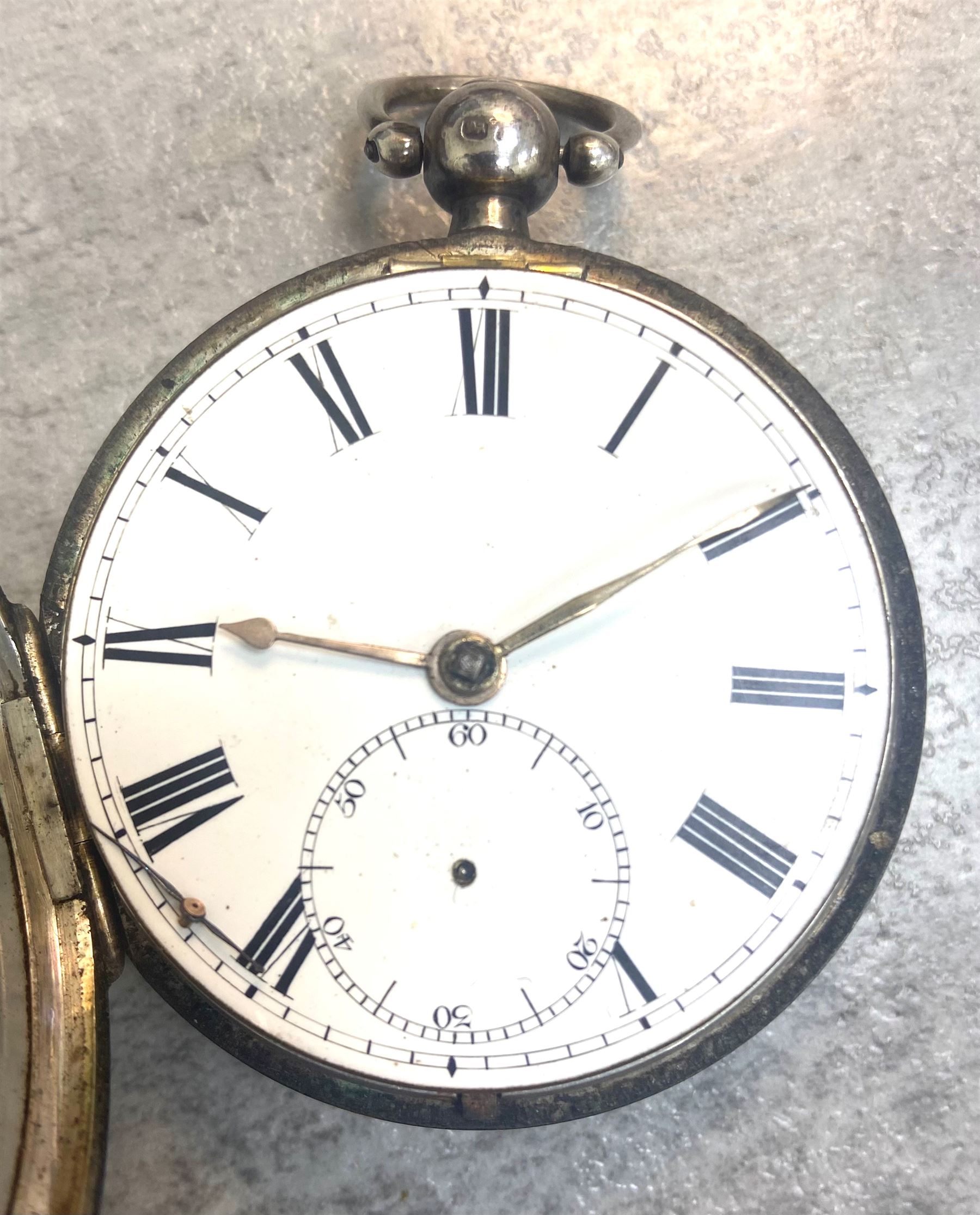 William IV English lever fusee pocket watch by John Morse, Malmesbury, No. 969, round pillars, engraved balance cock decorated with a mask and diamond endstone, white enamel dial with Roman numerals and subsidiary seconds dial, case makers mark J.P, London 1833 