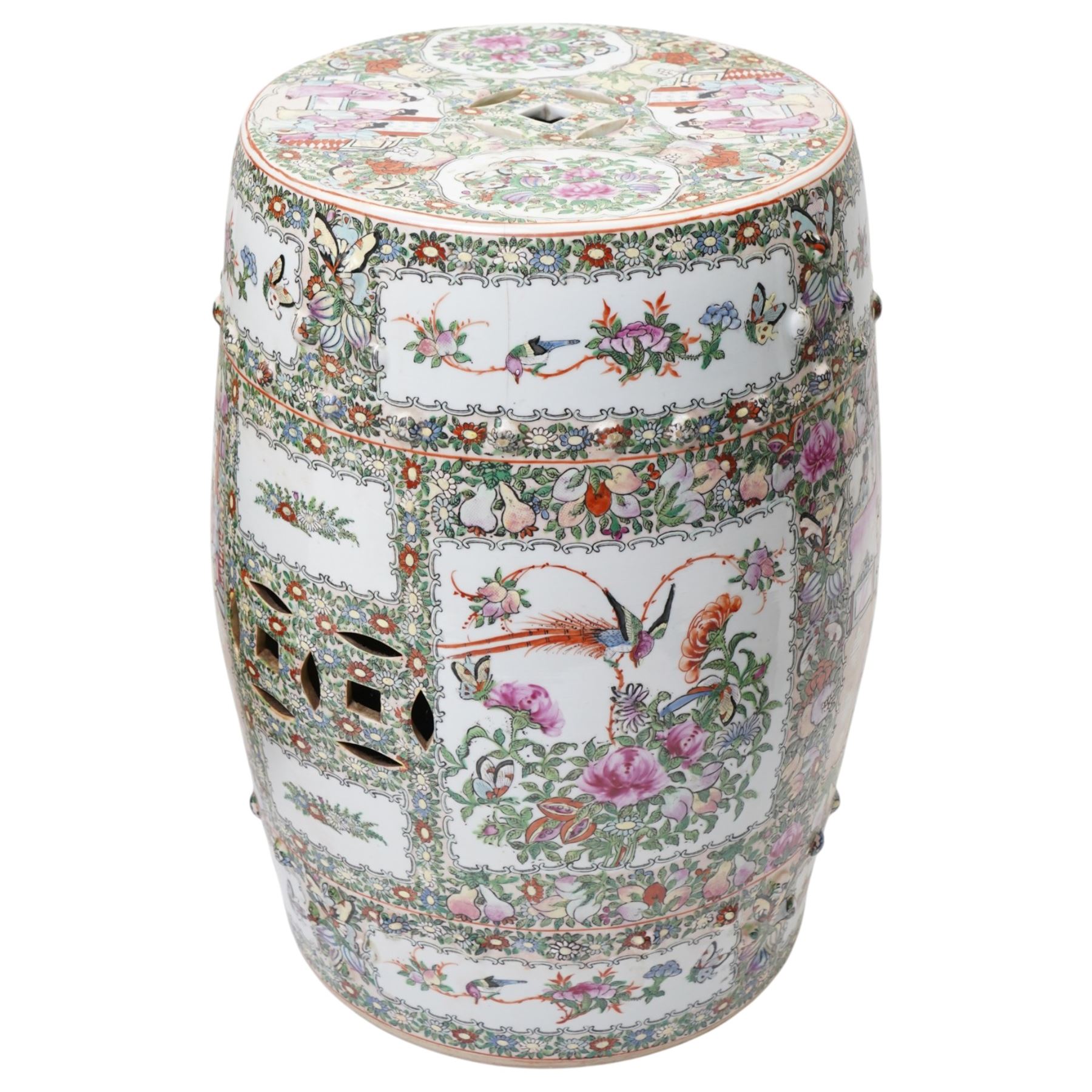 Chinese famille rose garden seat, together with a further terracotta example, H51cm and 49cm (2)