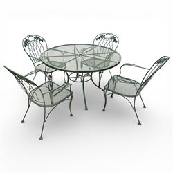 Green painted wrought metal garden table and chairs 