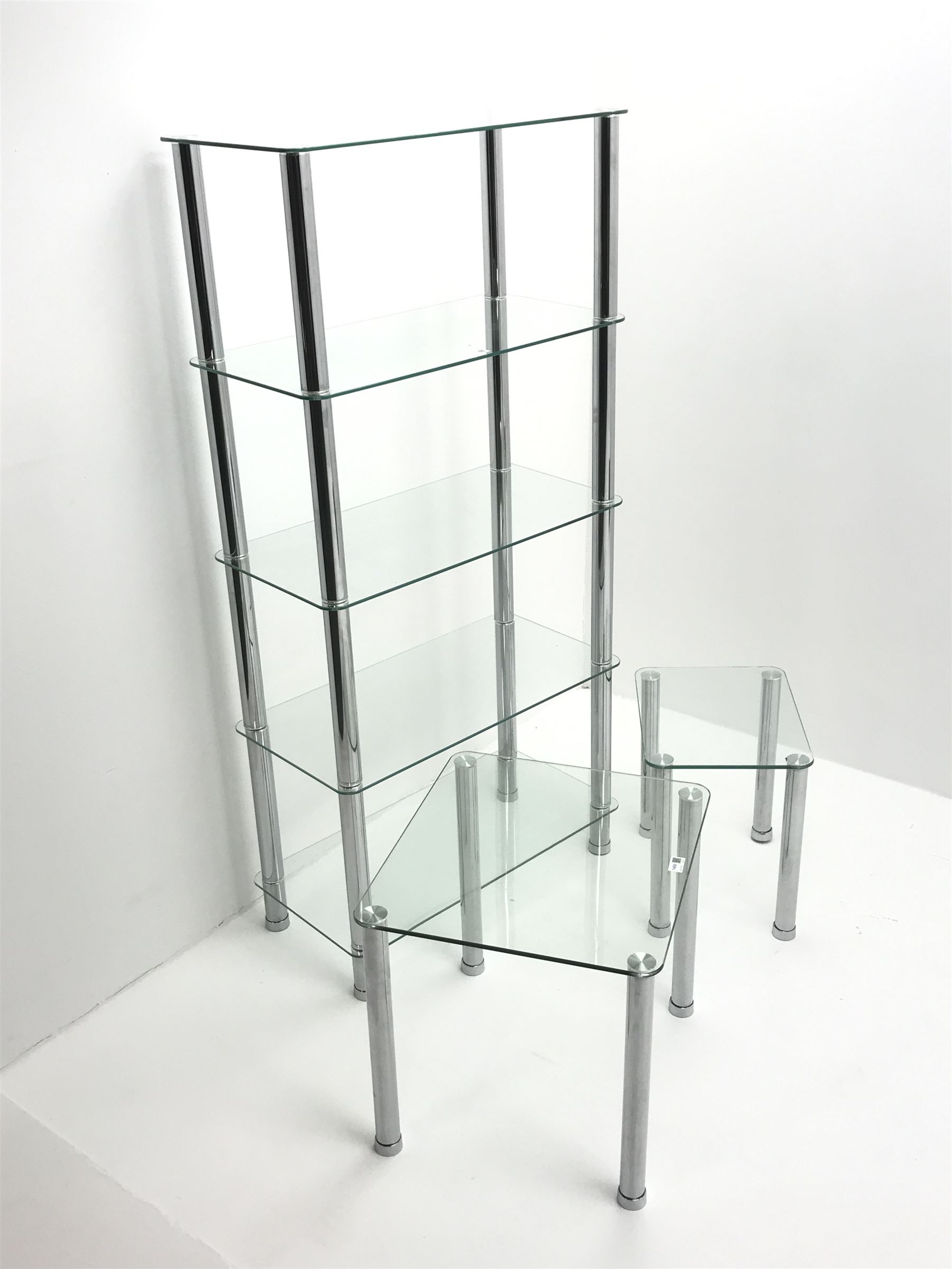 Chrome and glass nest of two tables (W50cm, H46cm, D45cm) and matching storage stand (W71cm, H147cm, D35cm)