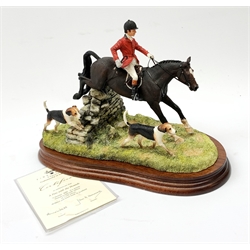 A limited edition Border Fine Arts figure group, A Day With The Hounds, model no B0789 by Anne Wall, 100/1500, on wooden base, figure L26cm