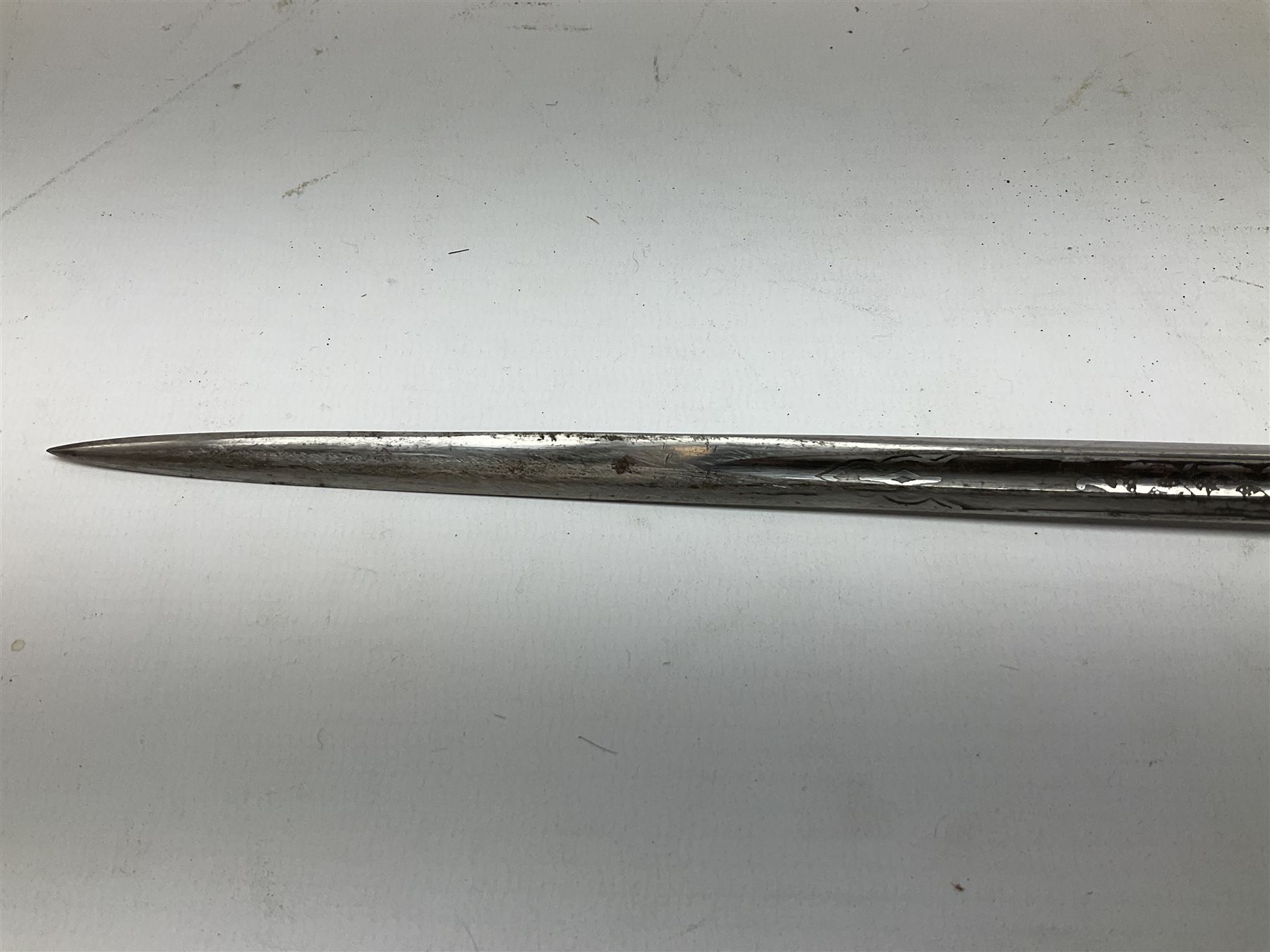 Early 20th century officer's swagger type leather covered sword stick, the 33cm etched single fullered blade marked Wilkinson Pall Mall, with carrying strap L60.5cm