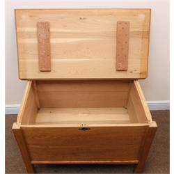  Early 20th century oak blanket box, hinged lid, stile supports, W100cm, H64cm, D68cm  