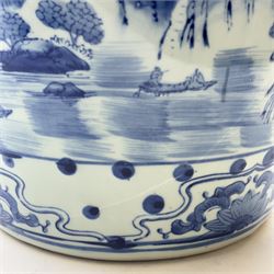 Pair of Chinese blue and white garden stools, decorated with pagodas a landscape, H40cm 