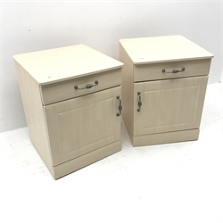 Pair  bedside chests, single drawer above door, plinth base, W51cm, H66cm, D52cm