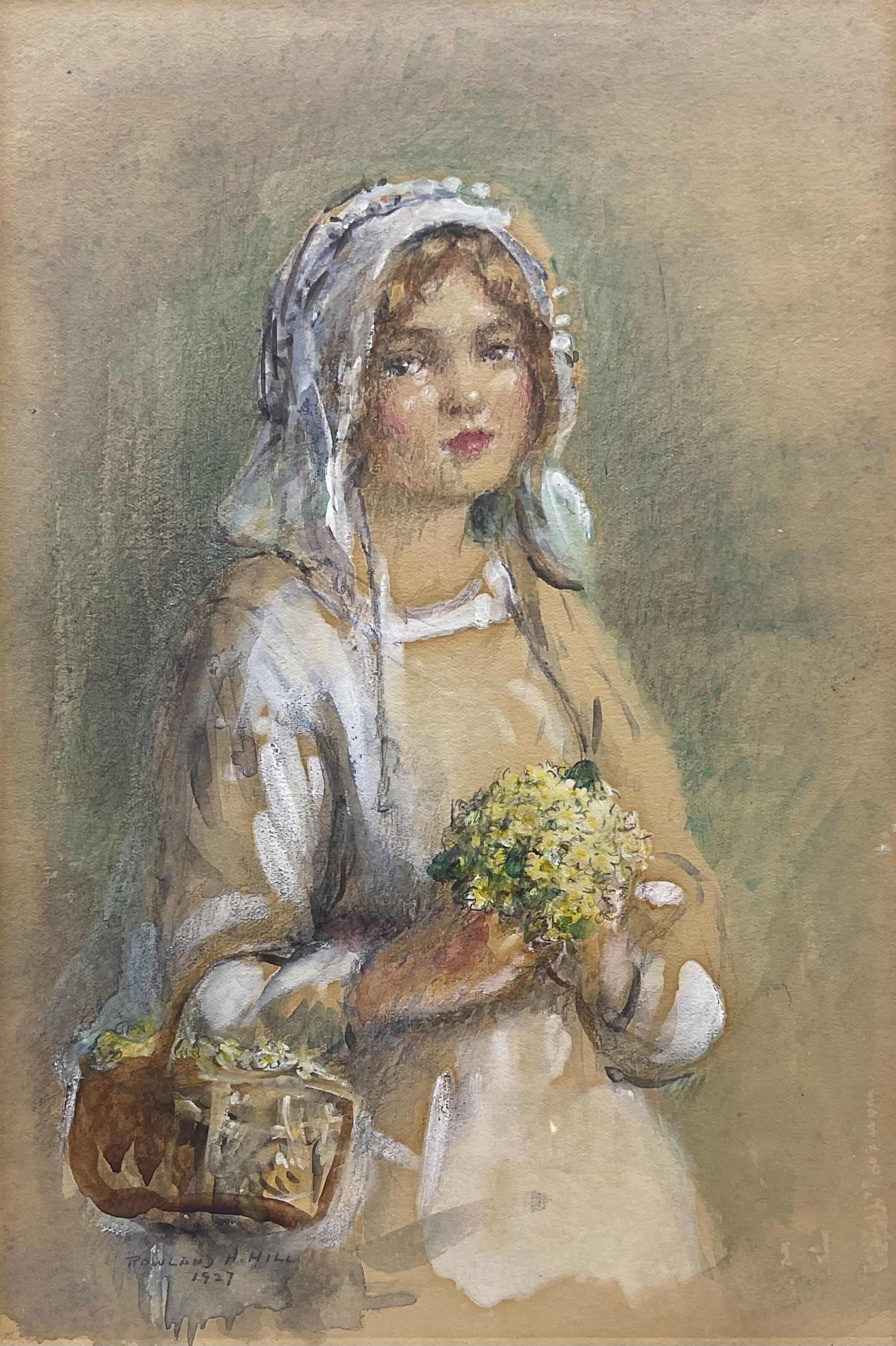 Rowland Henry Hill (Staithes Group 1873-1952): Young Girl with Primroses, watercolour heightened in white signed and dated 1927, 26cm x 17.5cm 
Provenance: exh. T B & R Jordan 'Staithes Group Exhibition', Pannett Gallery Whitby, July 2016, facsimile catalogue verso