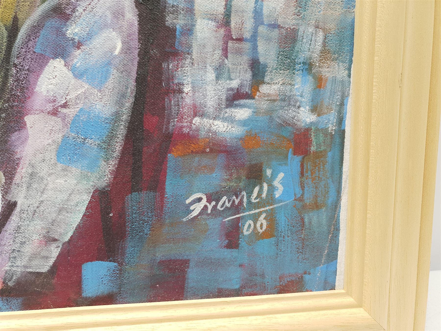 Francis Perera (Sri Lankan 1931-): 'Family with Pool', oil on sail canvas signed and dated '06, titled and signed verso 67cm x 76cm 
Notes: Perera a noted Sri Lankan artist has had many solo exhibitions both in his home country and overseas. He is a six time winner of the Presidential Award, represented Sri Lanka in Washington DC to commemorate the 50th anniversary of its independence, exhibited at the Royal Commonwealth Society in 2002, and at the 20th International Art Festival in Germany.