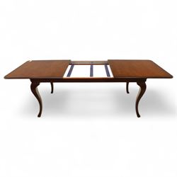 Willis & Gambier - mahogany extending dining table, rectangular top with rounded corners on cabriole legs, with two 35cm extension leaves, four Willis & Gambier upholstered high back chairs and four mahogany chairs, upholstered in a stripped multi-coloured velvet fabric, with scroll-shaped top rail, lyre-shaped back splat on cabriole legs, chairs W46xD91x97cm (11) 