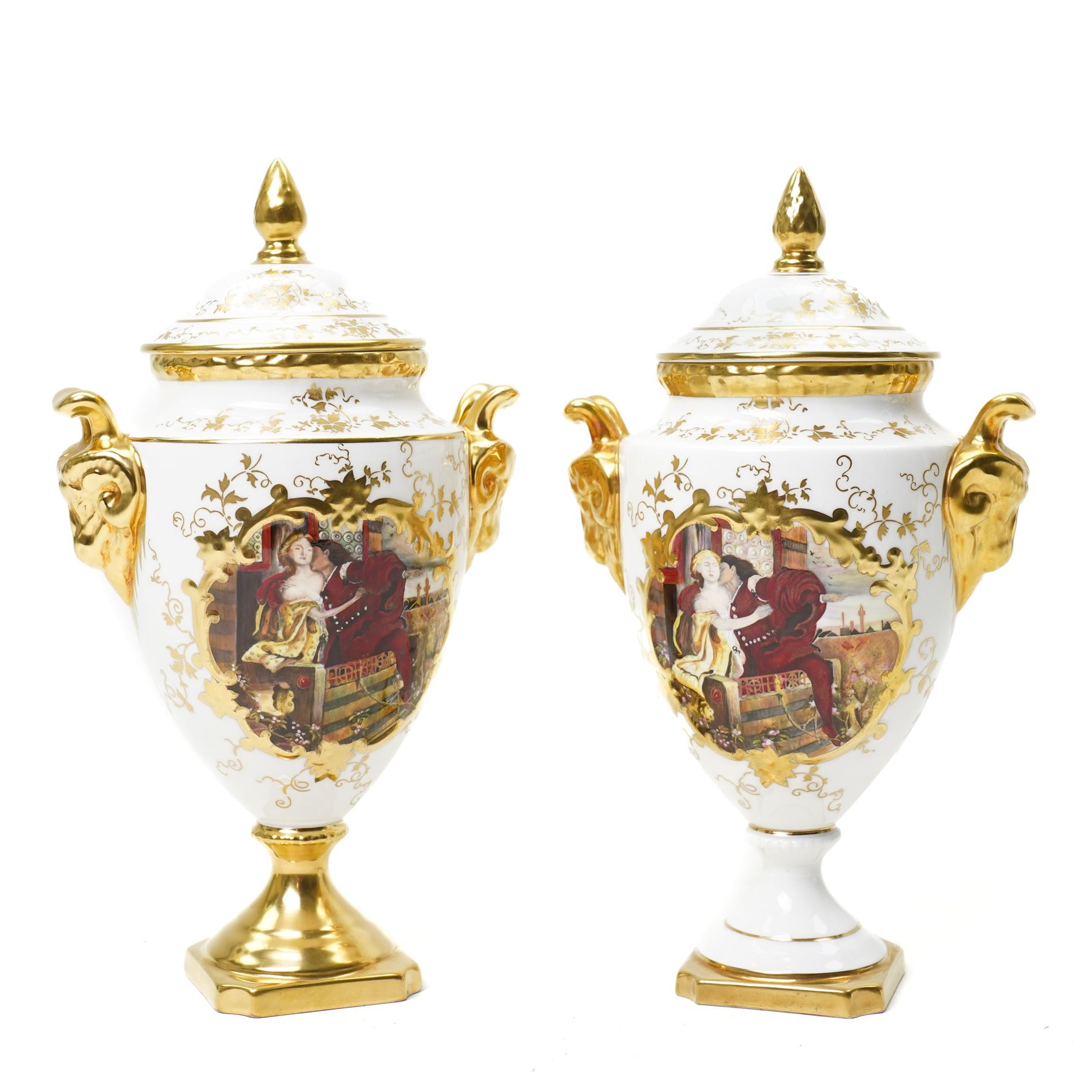 Two Coalport Romeo and Juliet vases, painted by Mary Dennis, blue printed marks to base, H24cm (2)