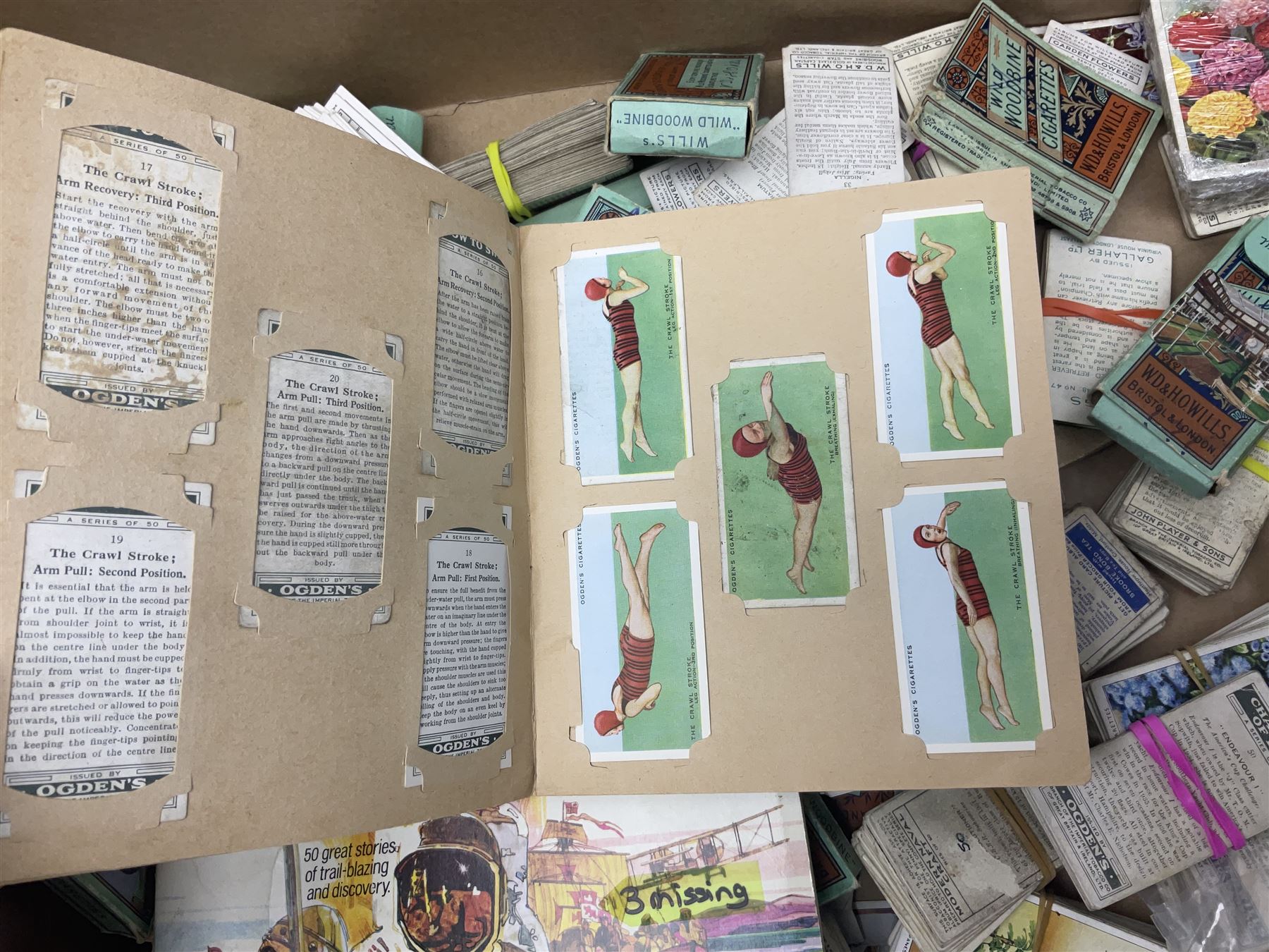 Floral tapestry in a mahogany frame, large collection of cigarette cards, framed tapestry, small microscope and a wooden correspondence box, frame H66cm