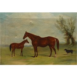 English School (19th/20th century): Portrait of Chestnut Mare and Foal with Terrier, oil on canvas unsigned 47cm x 68cm (unframed)