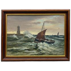 Sidney Valentine Gardner (Staithes Group 1869-1957): Coble Running for Shelter Whitby, oil on canvas board signed 24cm x 34cm