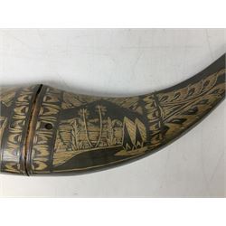 Carved water buffalo horn wall pocket, engraved with landscape scene with patterned borders with pierced foliate panel, together with a pair of horns with similar engraved decoration, L47cm