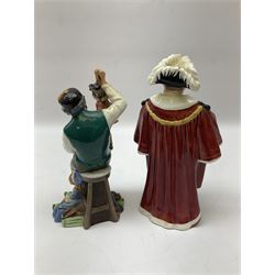 Five Royal Doulton figures comprising The Puppetmaker HN2253, The Toymaker HN2250, The Mayor HN2280, and two Childhood Days Please Keep Still HN2967 and As Good As New HN2971 figures, tallest H21cm