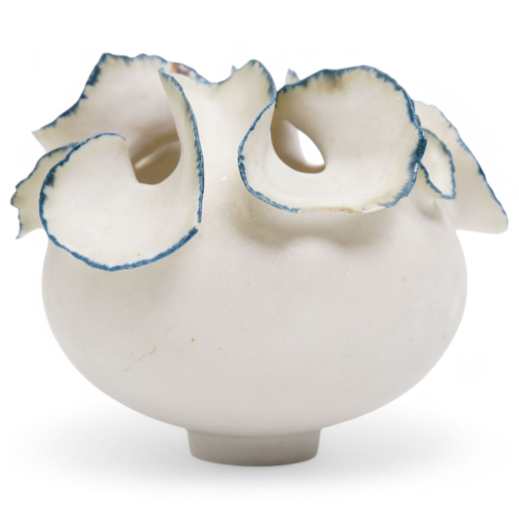 Deirdre Burnett (1939-2022); porcelain vase of ovoid form, the pinched irregular rim with turquoise detail, in matte white glaze, impressed DB seal mark, H9cm 