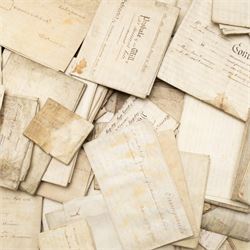 Yorkshire and miscellaneous deed interest - large collection of 18th and 19th century vellum indentures, wills, probate documents and property papers relating to wider Yorkshire towns and villages including Malton, Northallerton, Easingwold, Scarborough, the Humber, Barnsley, Ecclesfield, Great Leavening, Barton in the Willows, Flaxton and other areas, with documents concerning farmers, yeomen, tradesmen and landed families, many retaining wax seals and revenue stamps, together with a small quantity of non-Yorkshire and overseas-interest material including probate of Knobel Louis Benjamin du Gue, formerly of Brindisi, Italy, steam shipping agent, later of St Leonards-on-Sea, Sussex,  in one large box