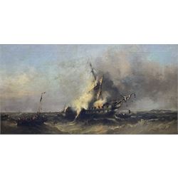 Attrib. William McAlpine (British fl.1820-1883): Dismasted Ship of the Line, oil on canvas signed with initials and dated 1868, 60cm x 116cm