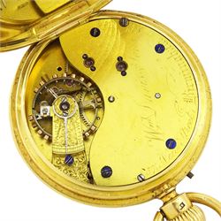 Early 20th century 18ct gold open face keyless lever pocket watch by W. Davis & Sons, Birmingham, No. 2373, white enamel dial with Roman numeral hour markers and subsidiary seconds dial, back case monogrammed with initials, markers mark AS, London 1928